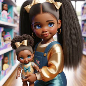 Create a 3-D image of an african-American little girl inside of a medium size, toy store. The little girl has thick long, ponytails and huge blue eyes. She has on a gold and blue jumpsuit with matching bows, She is playing with her favorite african-American cabbage patch doll, the doll has deep, dimples, and freckles and looks just like her