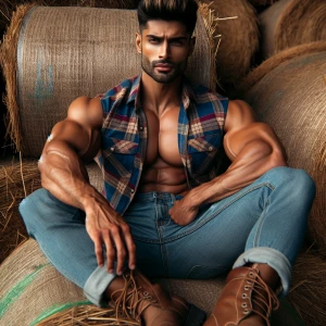 A muscular man sits on hay, wearing a plaid sleeveless shirt tha...