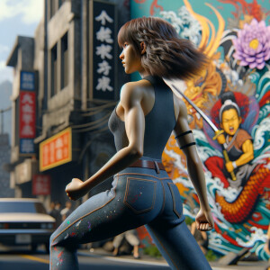 Athletic Thin skinny Attractive, Asian teenage girl, long brown hair and bangs, wearing tight skinny jeans and a halter top paint marks on her clothing, heroic pose Asian graffiti background, backside view