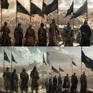 Generate a picture of 5 Muslim army generals in ancient Muslim a...