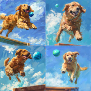 Golden retriever running off end of diving board catching a blue...