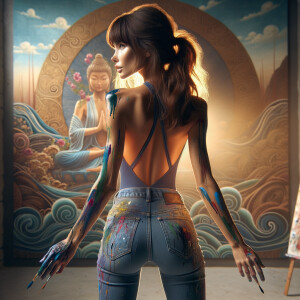 Athletic Thin skinny Attractive, Asian teenage girl, long brown hair and bangs, wearing tight skinny jeans and a halter top paint marks on her clothing, heroic pose Asian graffiti background, backside view