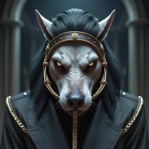 A sinister entity facing forward, its visage marred by a scold's...