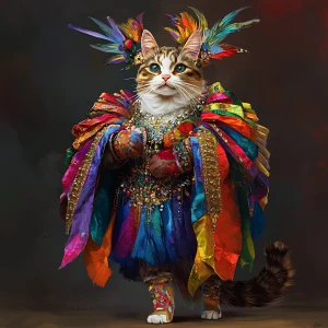 A cat in a colorful outfit who is a queen. She looks ostentatiou...