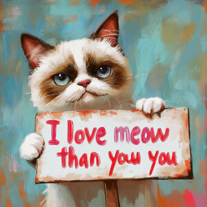 A sassy-looking grumpy cat holding a colorful sign with the hand...