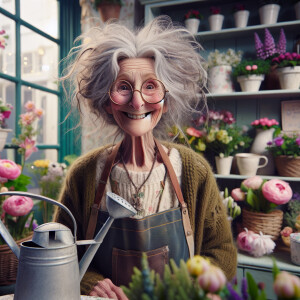 a whimsical realistic image of an old lady with wild grey hair t...