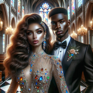 Create a realistic airbrushed illustration of a beautiful African-American couple at their wedding. The woman has flawless makeup, long wavy hair, and wears a spectacular gown adorned with various types of jewels, embodying elegance and sophistication. Her partner, an African-American man, is dressed in a sleek black Gucci suit and sports a fade crop top haircut, adding a modern flair to his dapper appearance. They stand together in a beautiful church, which is enhanced by colorful stained glass windows casting a vibrant glow around them, adding to the solemnity and joy of the occasion. The image should capture the essence of their love and the intricate details of their attire and the setting, all in a heavily HDR style at 300 dpi.