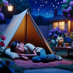 A young boy sleeping in a tent in his garden, because of covid h...