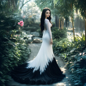 Capture the elegance of a fair-skinned woman with dark long hair...