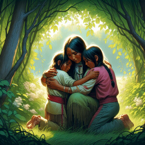 American Indian children hugging and healing their struggling Mo...