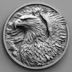 a grayscale bas relief of a mighty eagle facing the viewer wings...