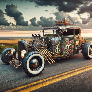 Rat rod in an old school tattoo style