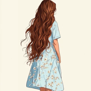 Create an image of a tall woman whose long, wavy brown hair casc...