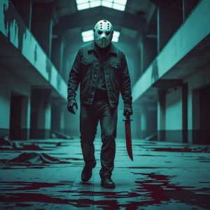 "dark abandoned mall, a menacing figure in a scary Hockey mask w...