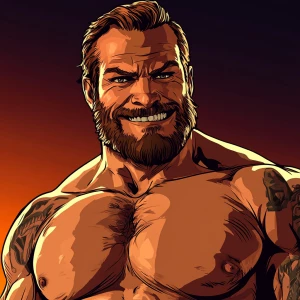 White muscular thin man with beard, big chin, smile and cheekbon...