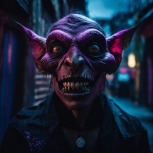 a hyperrealistic, cinematic image of a macabre vampire-goblin ma...