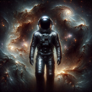 Capture an image depicting a solitary, macabre deep space explor...