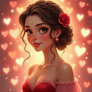 A beautifully [realistic young woman] with a warm, loving expression. She has soft, glowing skin, sparkling eyes, and a gentle smile. She wears a romantic red or pink dress adorned with delicate lace or floral patterns. Her hair is styled elegantly, with soft curls or a braided updo, complemented by subtle accessories like heart-shaped earrings or a rose tucked behind her ear. The background is dreamy and festive, decorated with floating hearts, glowing fairy lights, and a soft bokeh effect in shades of pink, red, and gold.