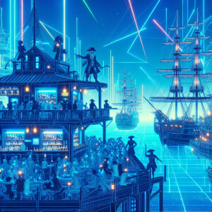 A neon blue cyberpunk scene with a pirate bar on the edge of a p...
