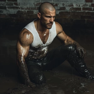 A muscular man with a shaved head and a short beard sits in a pu...