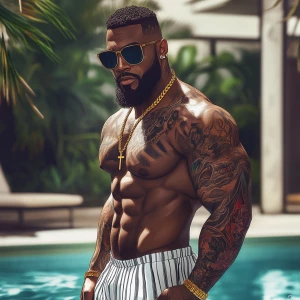a muscular, bearded man with dark skin, wearing sunglasses, a go...
