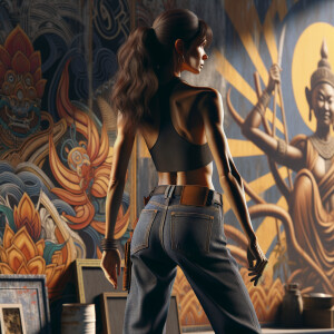 Athletic Thin skinny Attractive, Asian teenage girl, long brown hair and bangs, wearing tight skinny jeans and a halter top paint marks on her clothing, heroic pose Asian graffiti background, backside view