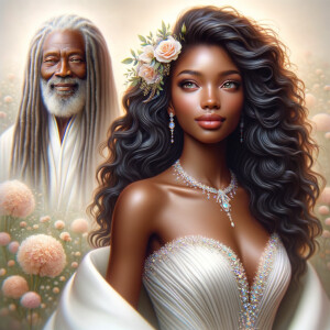 Create a 3-D realistic oil, painting of a beautiful African-American bride. She has long flooring, wavy hair and her gown has beautiful jewels around the neckline. in the background there is a beautiful African-American Jesus Christ with long dreadlocks, and he is smiling. He is very handsome pastel flowers throughout the image.