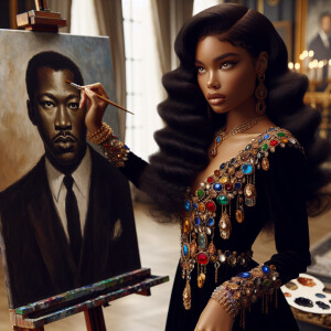 In a high-class, elegantly decorated studio, a very light-skinne...