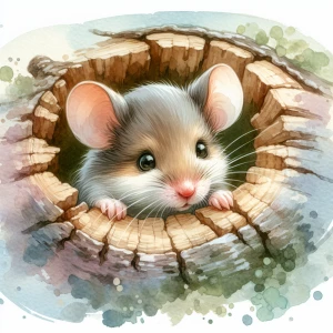 Cute mouse peeking out of a small opening of a tree, watercolor,...