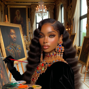 In a high-class, elegantly decorated studio, a very light-skinne...