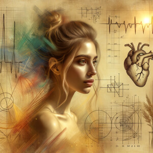 Abstract, minimalist, art cardiogram, charts complex, mathematical formulas, spontaneous lines, and paint marks, paint in hair, golden ratio