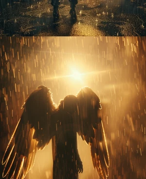 A powerful angel standing in the rain, glowing wings, cinematic...