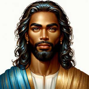 Create a beautiful African-American Jesus Christ with Hazel, brown eyes and blue and gold robe