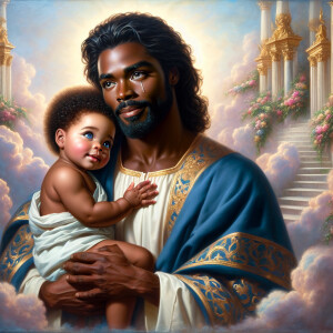 Classical oil painting style depicting an African-American Jesus...
