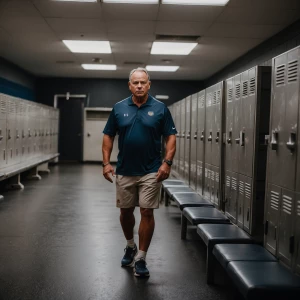 The coach in the locker room after practice alone showing off