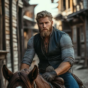 Wanted man muscle dirt blonde hair blonde beard wearing black chaps with blue jeans on a black leather vest. In the morning riding a horse with tan and brown. He is in a old fashion town.