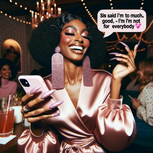African American Baddie in a satin pink wrap dress, bling earrin...