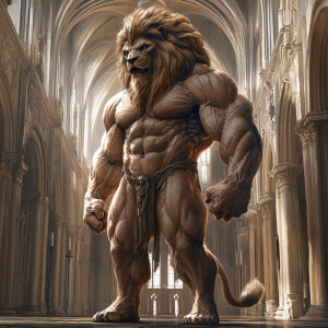 A Holy God like Man-Lion Hybrid with huge muscles standing In a...