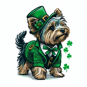 A Yorkshire Terrier dog dressed as a leprechaun, complete with a...