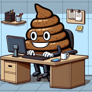Create an illustration of an anthropomorphic poop sitting at a d...