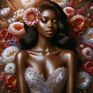 Visualize a stunning bride with a rich blend of african-American Latino heritage, her skin glowing with a soft, warm hue. Her elegant gown, a masterpiece of design, is intricately adorned with sparkling jewels that catch the light with every movement, creating a mesmerizing effect. Her long, wavy dark hair frames her face beautifully, enhancing her radiant beauty. Behind her, the backdrop is alive with an explosion of colorful flowers, each petal and leaf adding vibrancy to the scene. Amidst this floral abundance, the serene face of a brown Jesus is subtly integrated into the background, bestowing a sense of divine grace and tranquility to the composition. This image captures a moment of exquisite beauty, spiritual depth, and the celebration of love. Face of a African-American Jesus should be in the background.