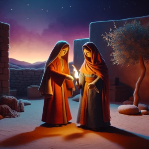 A handcrafted stop-motion style scene with two Middle Eastern wo...