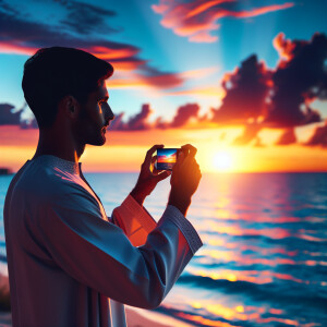 Show me a man lioking at a sunset