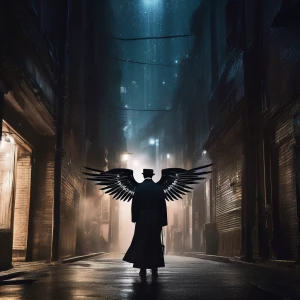 In a dimly lit alleyway of a celestial cityscape, a seductively...