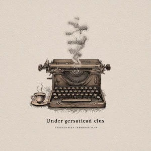 minimalist line-art illustration of a vintage typewriter, steam...