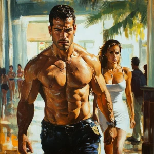 sharp Art ,realism,detailing.A man  muscular beefy sweat walking...