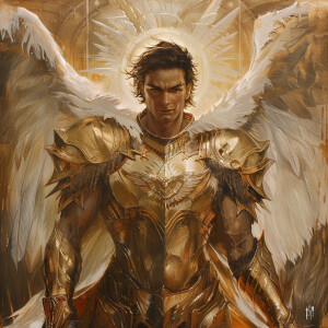 ```The archangel is depicted in his divine form a majestic, sere...