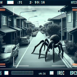 A high-angle surreal CCTV camera scene of a large spider creatur...
