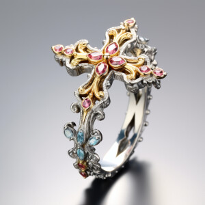 Design an exquisite sterling silver and gold cross ring adorned...