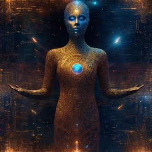 In the vast expanse of a virtual universe, a looming figure stan...